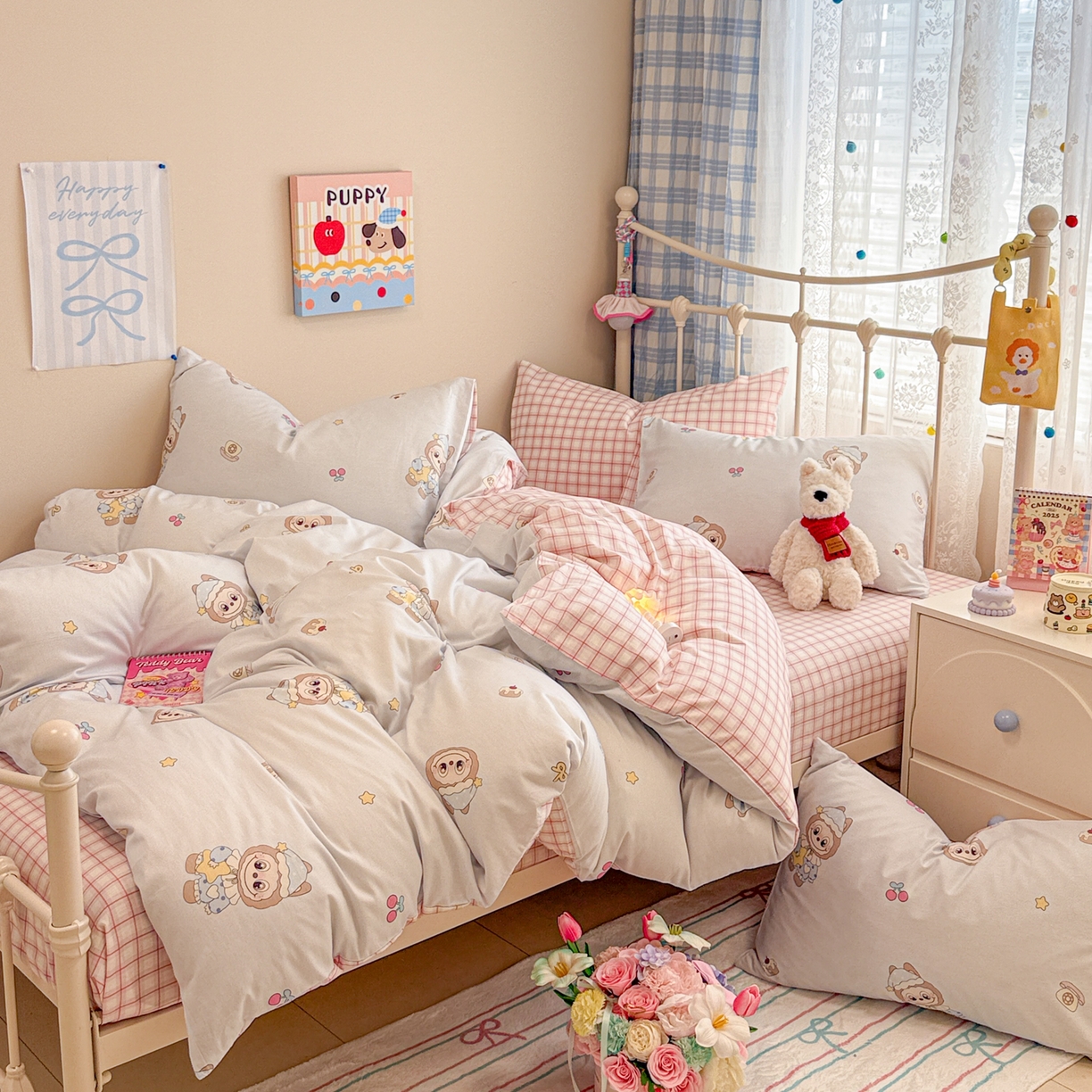 91家纺网 家纺一手货源 找家纺 呗旺鹿 2025新款全棉纯棉大眼娃娃毛巾绣四件套第二波 奶蓝色晚安大眼娃娃