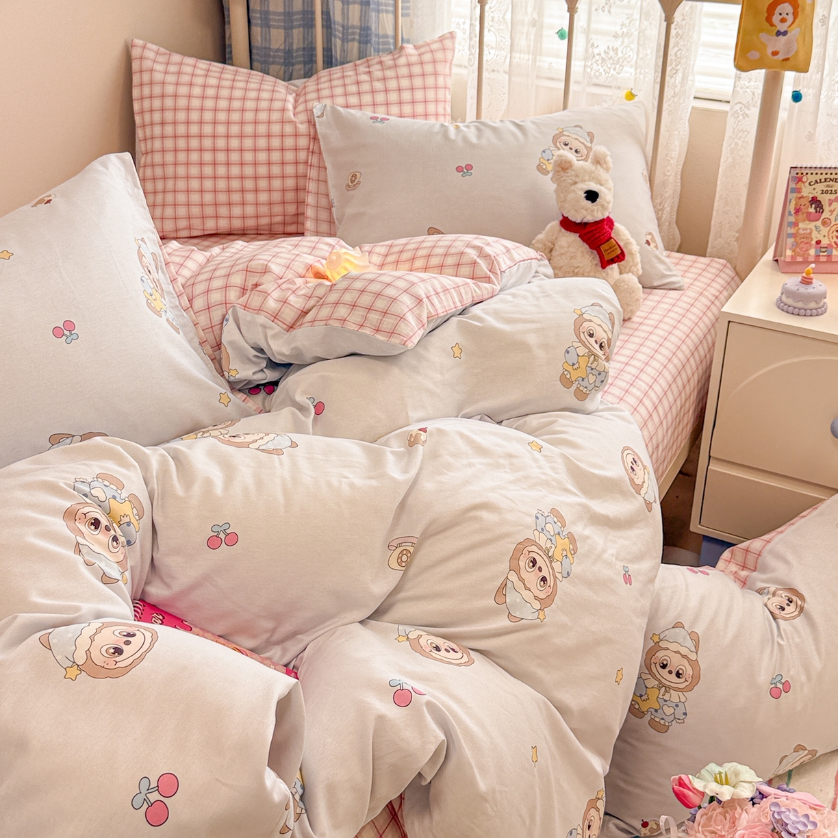 91家纺网 家纺一手货源 找家纺 呗旺鹿 2025新款全棉纯棉大眼娃娃毛巾绣四件套第二波 奶蓝色晚安大眼娃娃