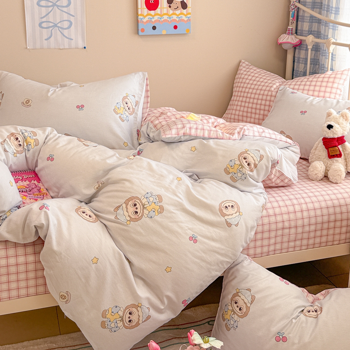 91家纺网 家纺一手货源 找家纺 呗旺鹿 2025新款全棉纯棉大眼娃娃毛巾绣四件套第二波 奶蓝色晚安大眼娃娃