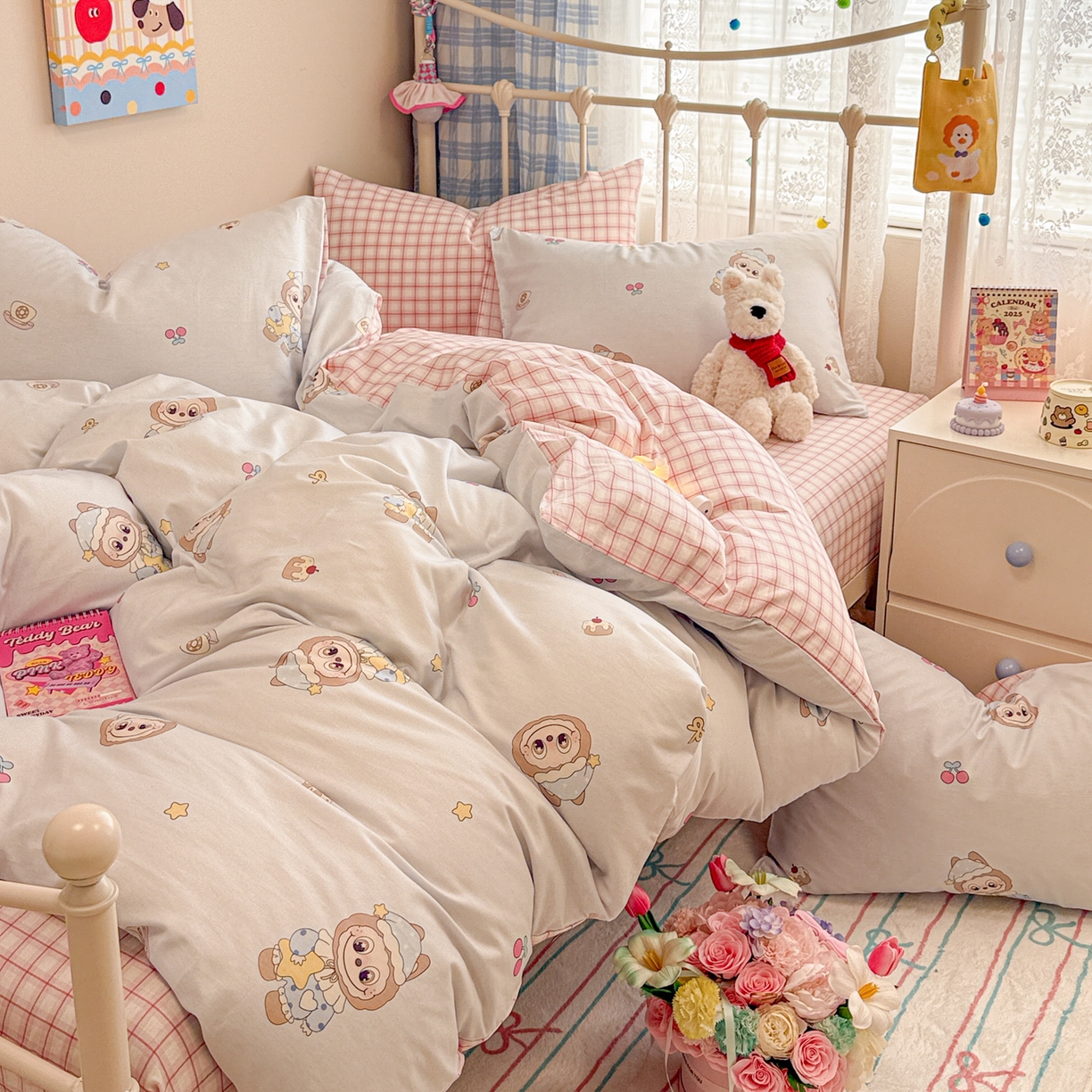 91家纺网 家纺一手货源 找家纺 呗旺鹿 2025新款全棉纯棉大眼娃娃毛巾绣四件套第二波 奶蓝色晚安大眼娃娃