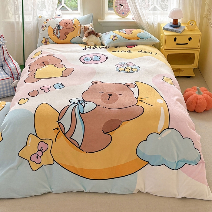 91家纺网 家纺一手货源 找家纺 ds生活馆 2025新款大版高克重双面牛奶绒四件套 晚安巴拉