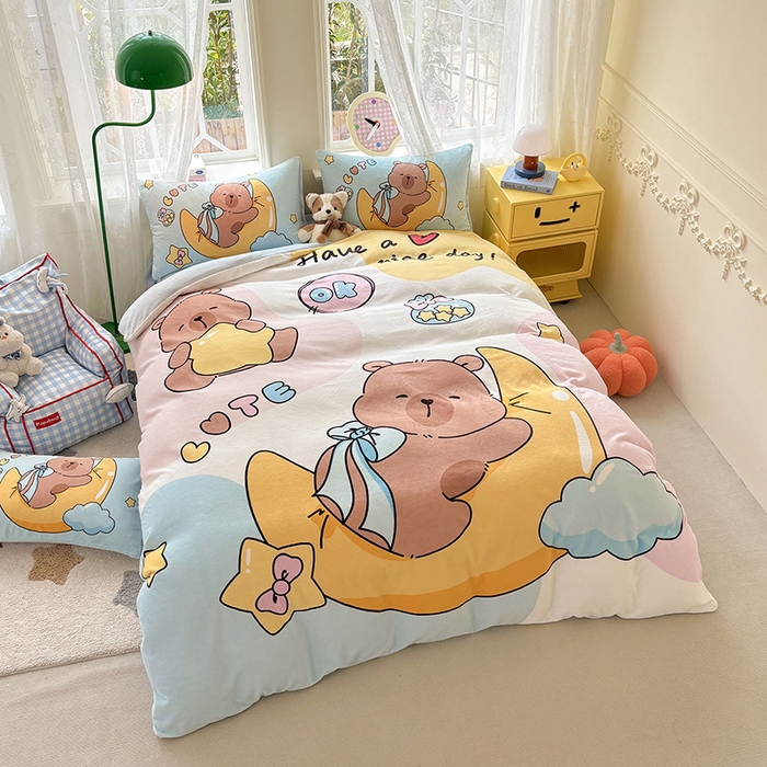 91家纺网 家纺一手货源 找家纺 ds生活馆 2025新款大版高克重双面牛奶绒四件套 晚安巴拉