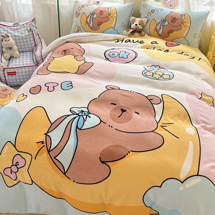 91家纺网 家纺一手货源 找家纺 ds生活馆 2025新款大版高克重双面牛奶绒四件套 晚安巴拉