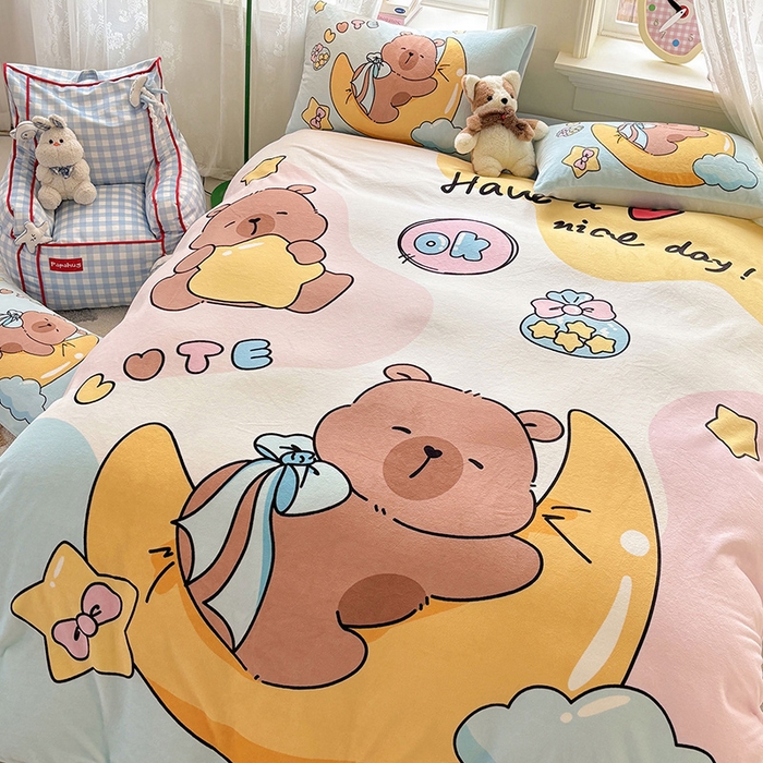 91家纺网 家纺一手货源 找家纺 ds生活馆 2025新款大版高克重双面牛奶绒四件套 晚安巴拉