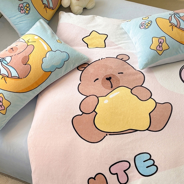 91家纺网 家纺一手货源 找家纺 ds生活馆 2025新款大版高克重双面牛奶绒四件套 晚安巴拉