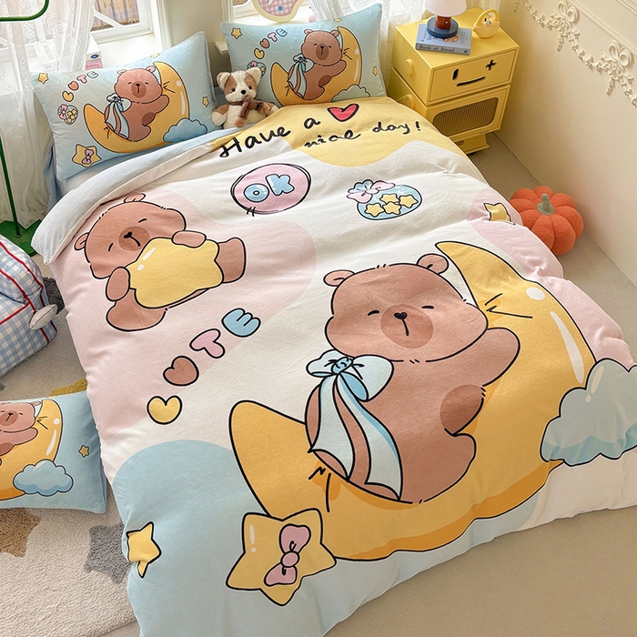 91家纺网 家纺一手货源 找家纺 ds生活馆 2025新款大版高克重双面牛奶绒四件套 晚安巴拉