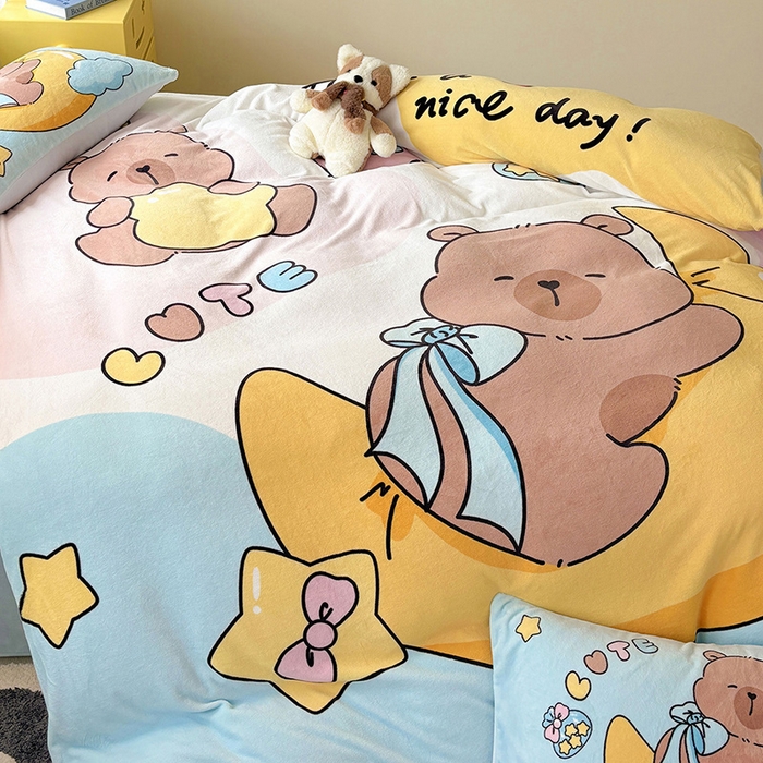 91家纺网 家纺一手货源 找家纺 ds生活馆 2025新款大版高克重双面牛奶绒四件套 晚安巴拉