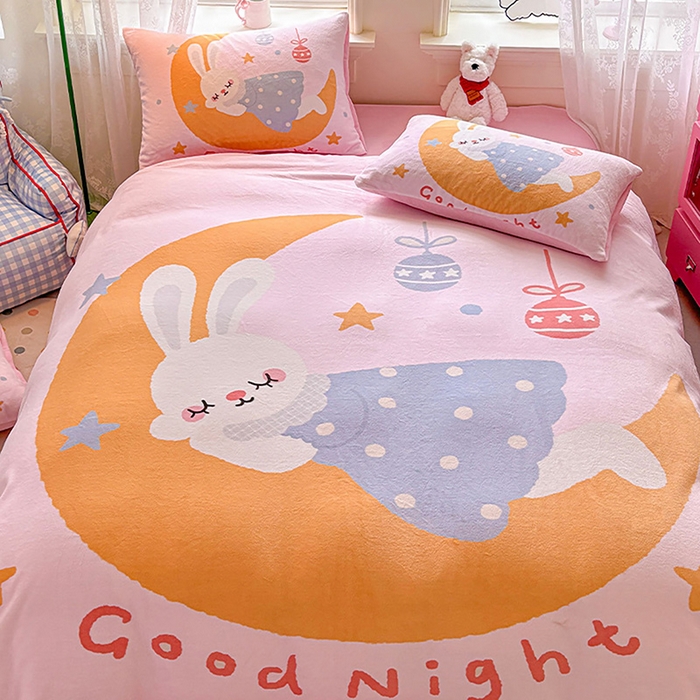 91家纺网 家纺一手货源 找家纺 ds生活馆 2025新款大版高克重双面牛奶绒四件套 月亮兔