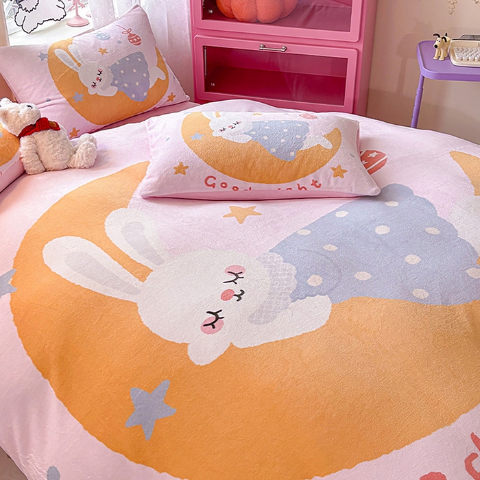 91家纺网 家纺一手货源 找家纺 ds生活馆 2025新款大版高克重双面牛奶绒四件套 月亮兔