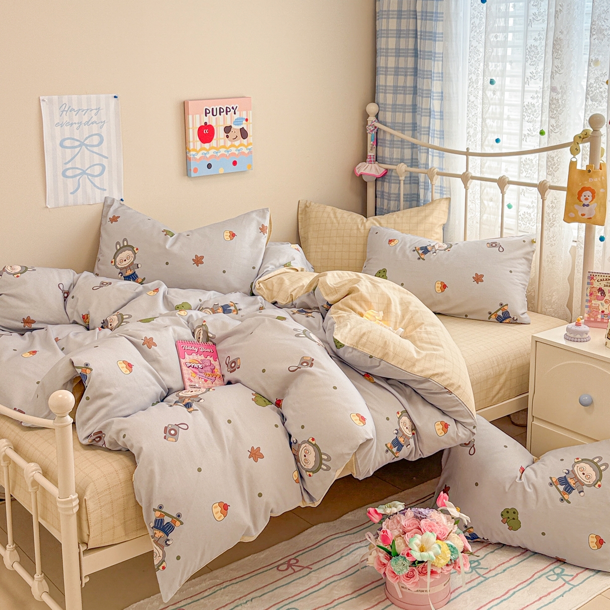 91家纺网 家纺一手货源 找家纺 呗旺鹿 2025新款全棉纯棉大眼娃娃毛巾绣四件套第二波 滑板大眼娃娃