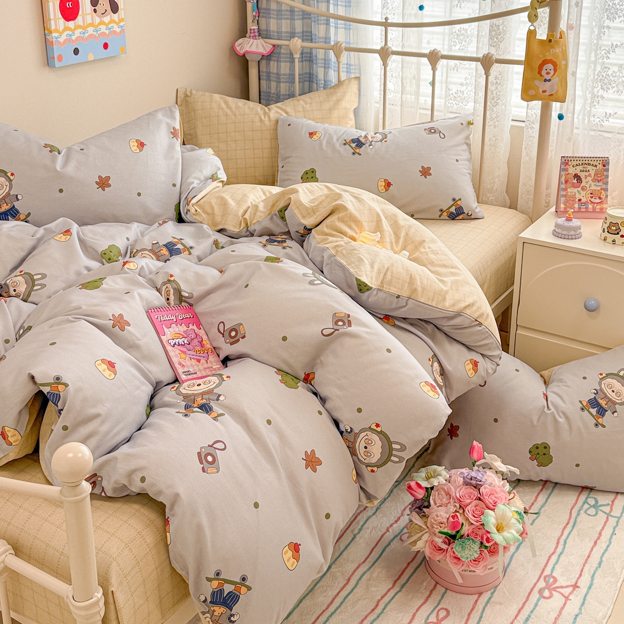 91家纺网 家纺一手货源 找家纺 呗旺鹿 2025新款全棉纯棉大眼娃娃毛巾绣四件套第二波 滑板大眼娃娃