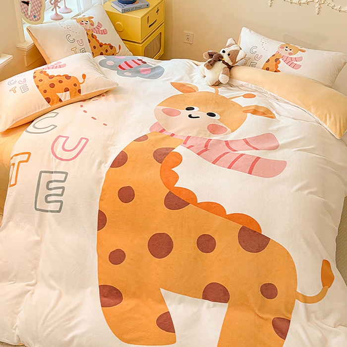 91家纺网 家纺一手货源 找家纺 ds生活馆 2025新款大版高克重双面牛奶绒四件套 长颈鹿