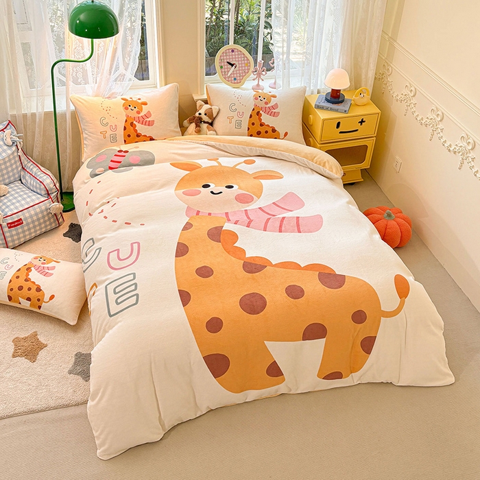 91家纺网 家纺一手货源 找家纺 ds生活馆 2025新款大版高克重双面牛奶绒四件套 长颈鹿