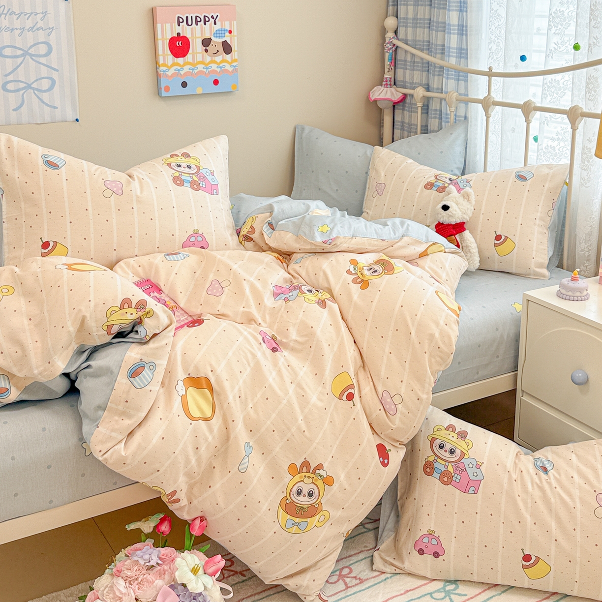 91家纺网 家纺一手货源 找家纺 呗旺鹿 2025新款全棉纯棉大眼娃娃毛巾绣四件套第二波 软萌杯子大眼娃娃