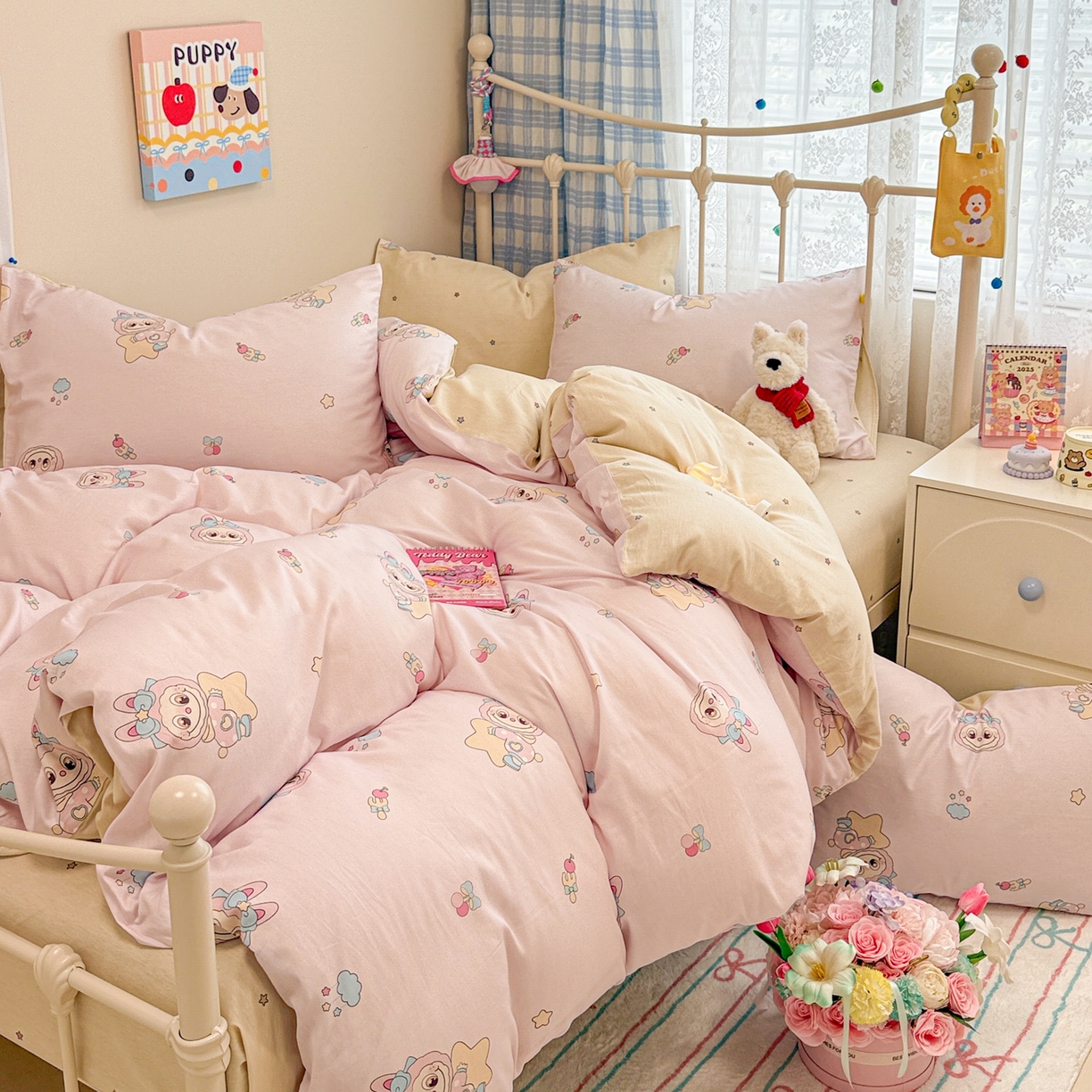 91家纺网 家纺一手货源 找家纺 呗旺鹿 2025新款全棉纯棉大眼娃娃毛巾绣四件套第二波 少女星大眼娃娃