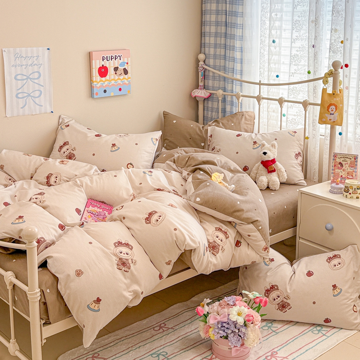 91家纺网 家纺一手货源 找家纺 呗旺鹿 2025新款全棉纯棉大眼娃娃毛巾绣四件套第二波 棕色系面包大眼娃娃