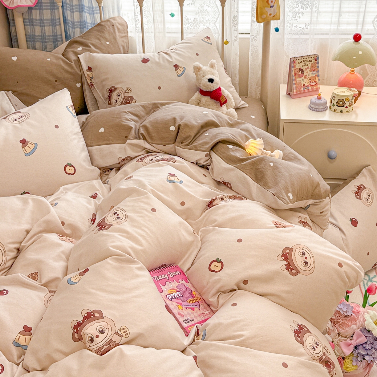 91家纺网 家纺一手货源 找家纺 呗旺鹿 2025新款全棉纯棉大眼娃娃毛巾绣四件套第二波 棕色系面包大眼娃娃