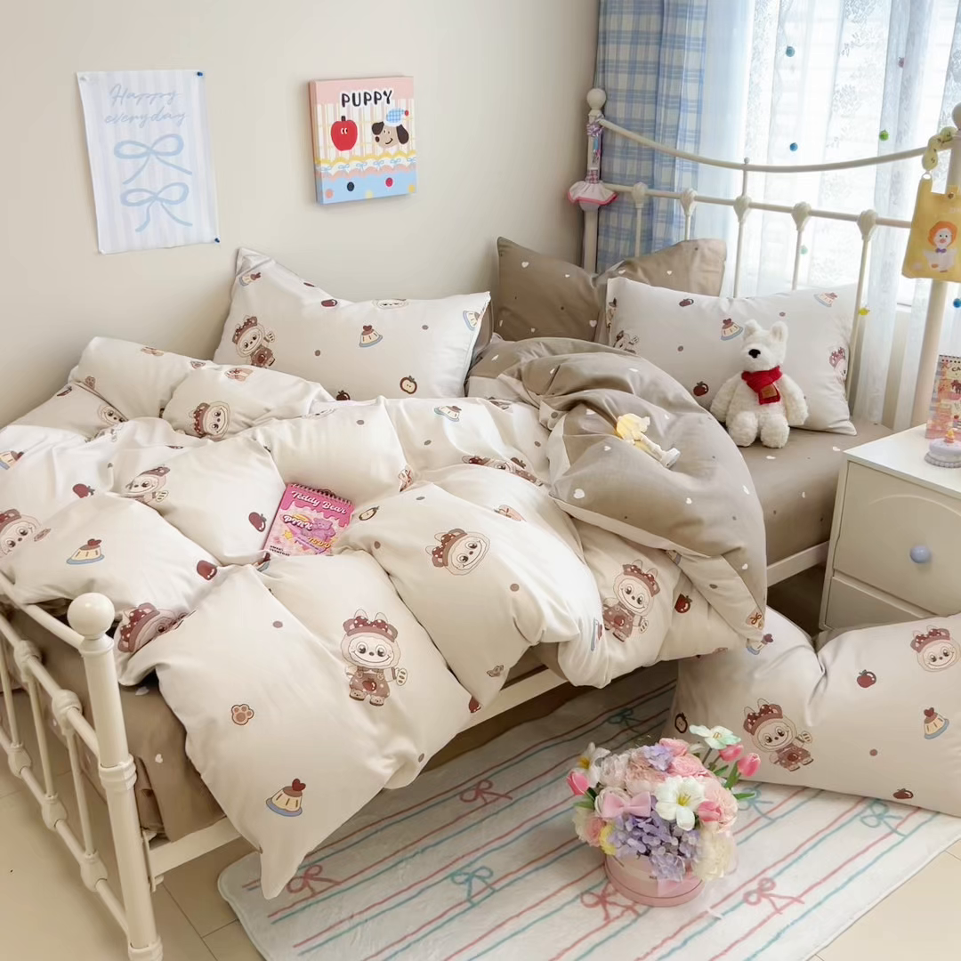 91家纺网 家纺一手货源 找家纺 呗旺鹿 2025新款全棉纯棉大眼娃娃毛巾绣四件套第二波 棕色系面包大眼娃娃