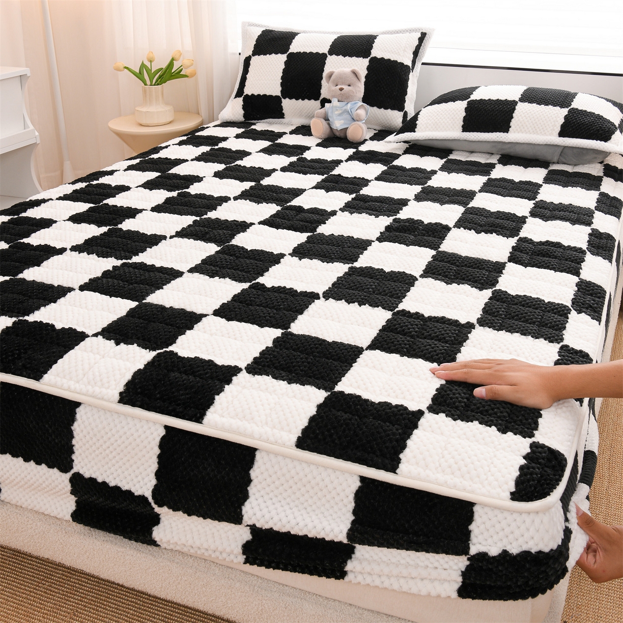 91家纺网 家纺一手货源 找家纺 （总）云木里 2025新款速暖豆豆绒夹棉床笠,黑白,卡其,抹茶绿,浅灰,雾霾蓝,樱花粉