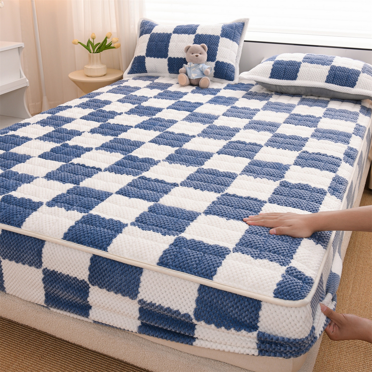 云木里 2025新款速暖豆豆绒夹棉床笠 雾霾蓝