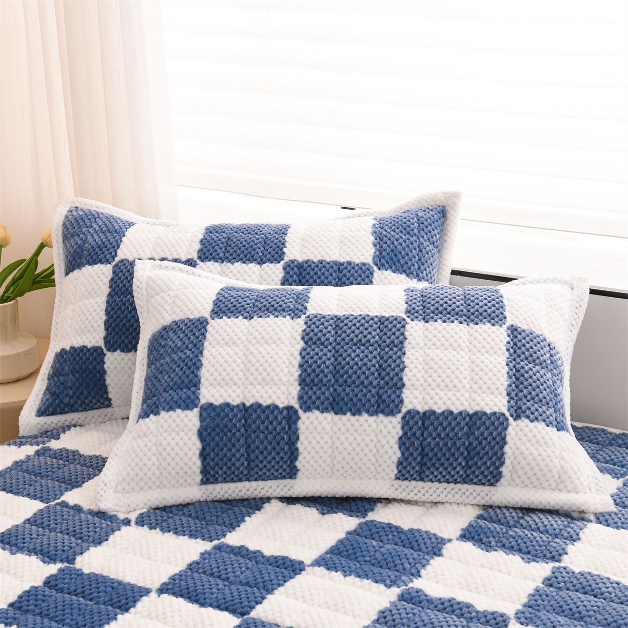 91家纺网 家纺一手货源 找家纺 云木里 2025新款速暖豆豆绒夹棉床笠 雾霾蓝