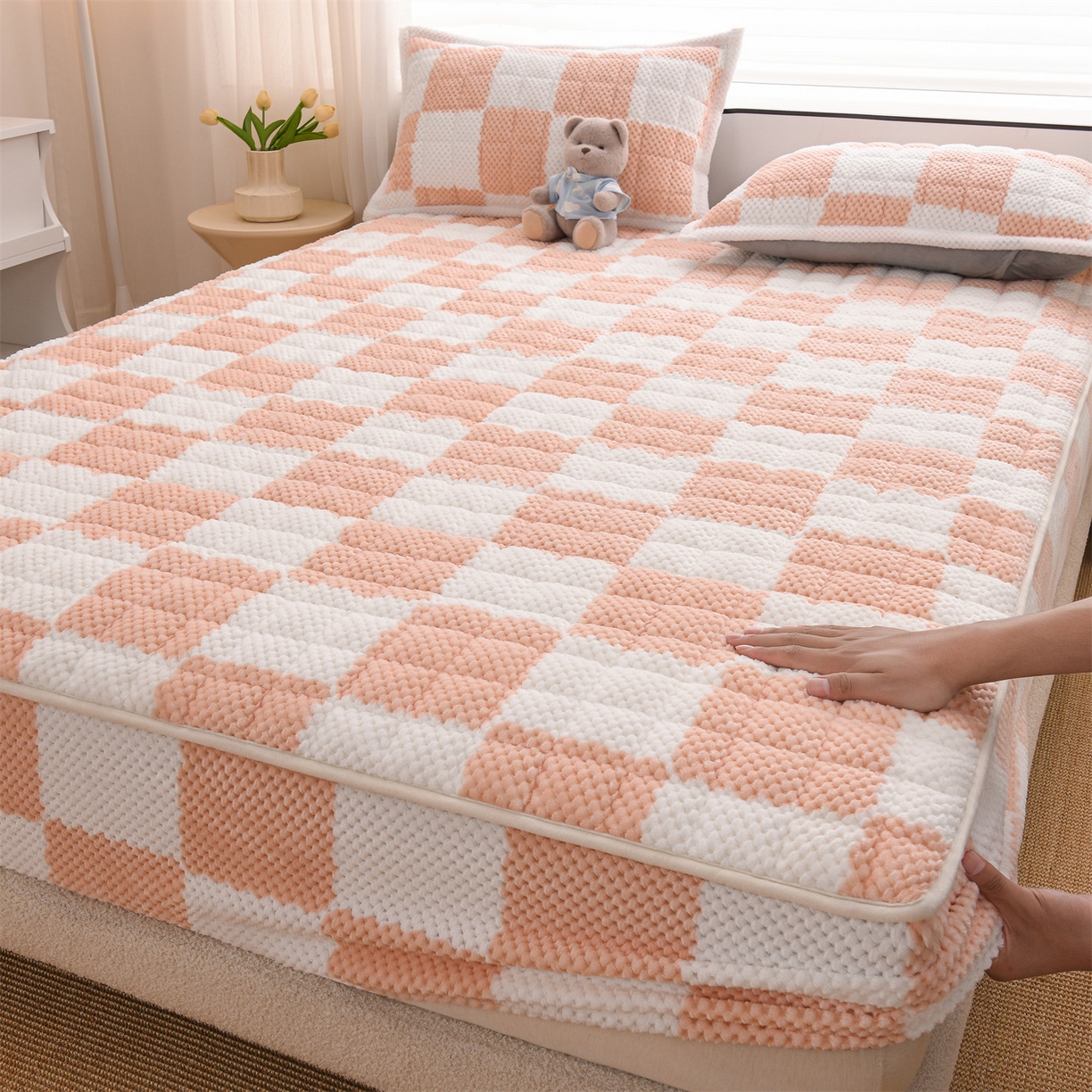 云木里 2025新款速暖豆豆绒夹棉床笠 樱花粉