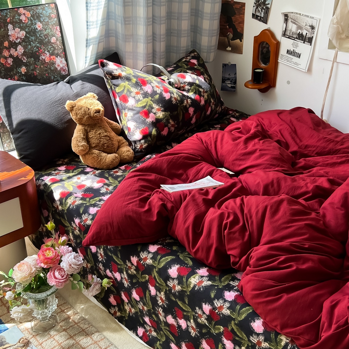 91家纺网 家纺一手货源 找家纺 （总）花伞家居 2025新款小众高级感纯色花卉拼色加厚水洗棉四件套【提供买家秀】