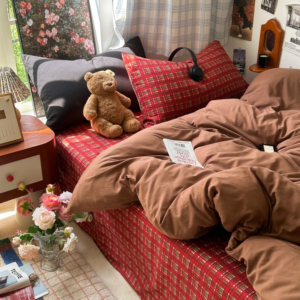 91家纺网 家纺一手货源 找家纺 花伞家居 2025新款小众高级感纯色花卉拼色加厚水洗棉四件套【提供买家秀】 问仟-焦糖