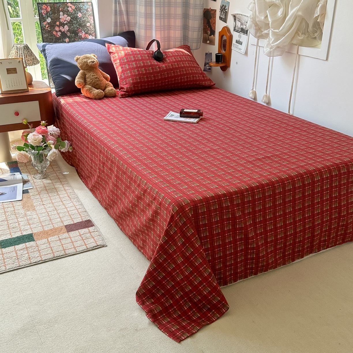 91家纺网 家纺一手货源 找家纺 花伞家居 2025新款小众高级感纯色花卉拼色加厚水洗棉四件套【提供买家秀】 问仟-藏蓝