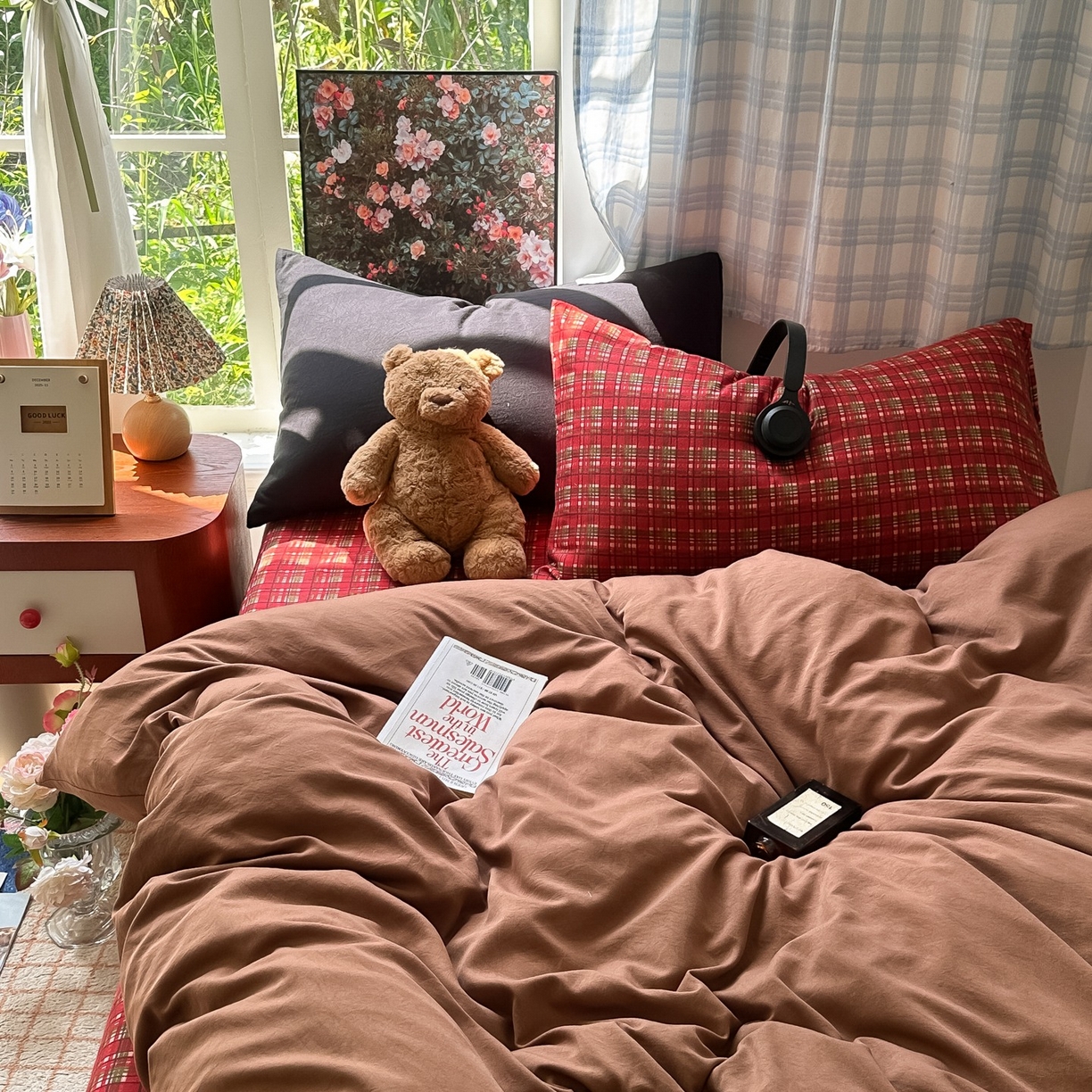 花伞家居 2025新款小众高级感纯色花卉拼色加厚水洗棉四件套【提供买家秀】 问仟-焦糖