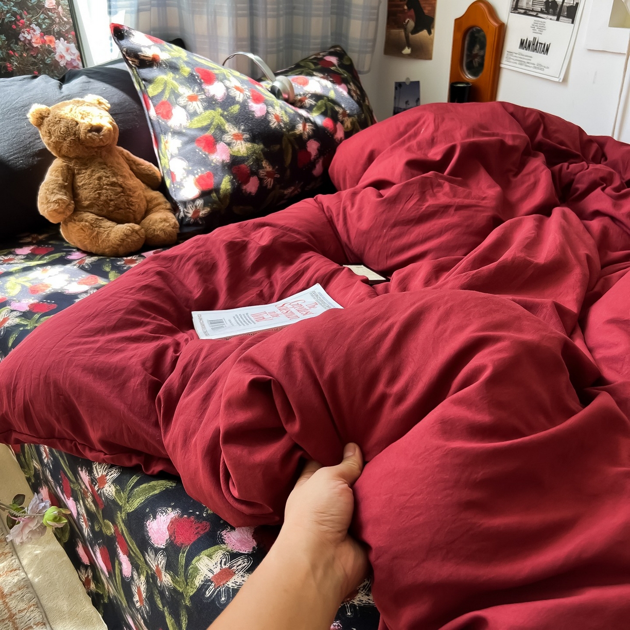 91家纺网 家纺一手货源 找家纺 （总）花伞家居 2025新款小众高级感纯色花卉拼色加厚水洗棉四件套【提供买家秀】