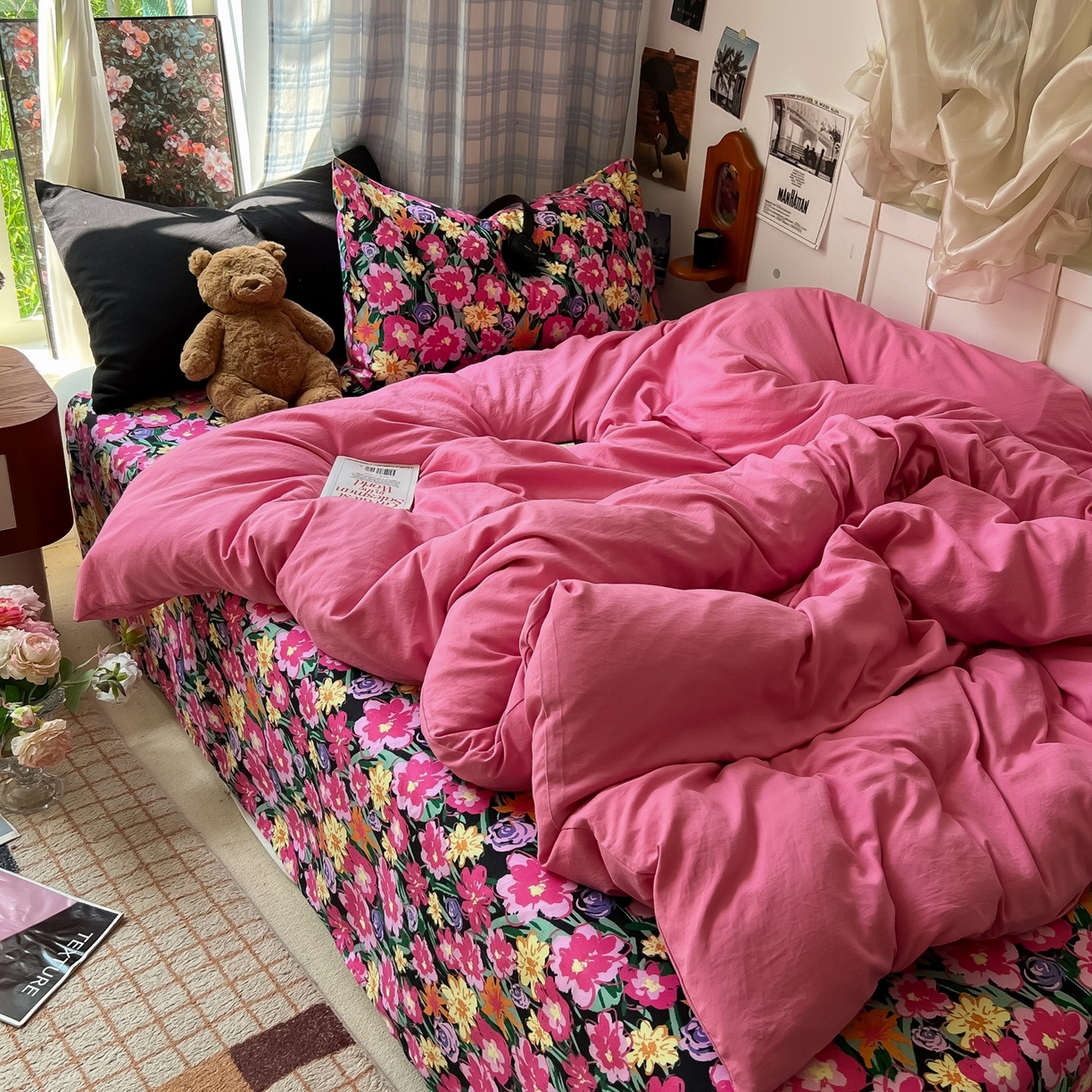 91家纺网 家纺一手货源 找家纺 花伞家居 2025新款小众高级感纯色花卉拼色加厚水洗棉四件套【提供买家秀】 椿屿-玫红