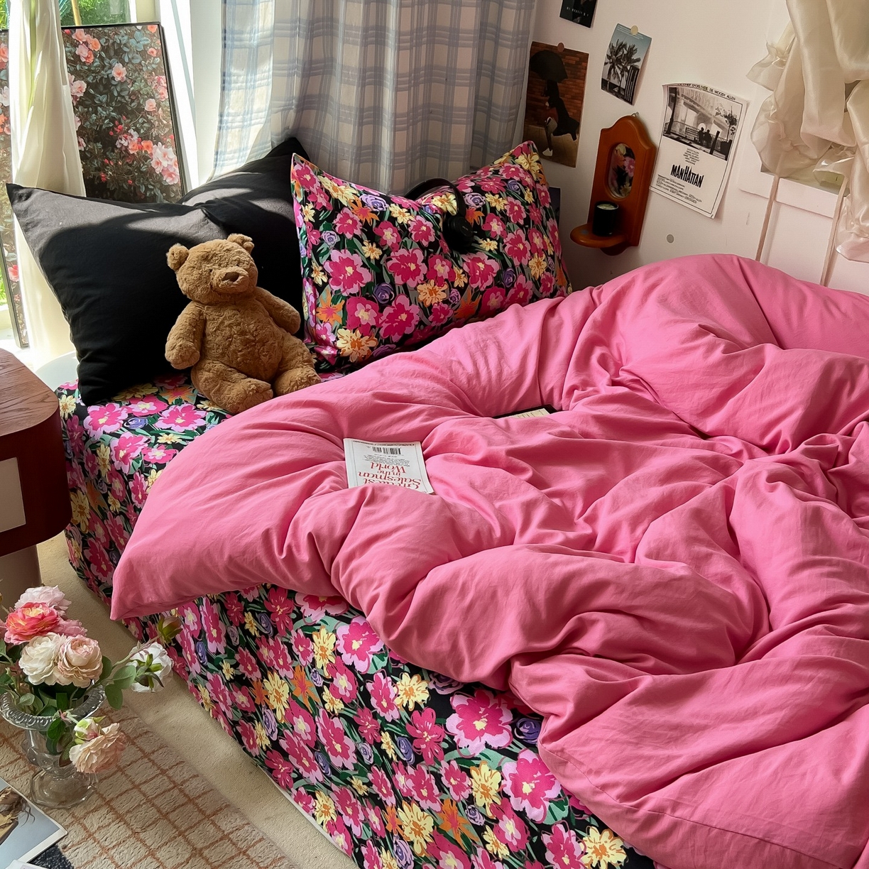 91家纺网 家纺一手货源 找家纺 花伞家居 2025新款小众高级感纯色花卉拼色加厚水洗棉四件套【提供买家秀】 椿屿-玫红