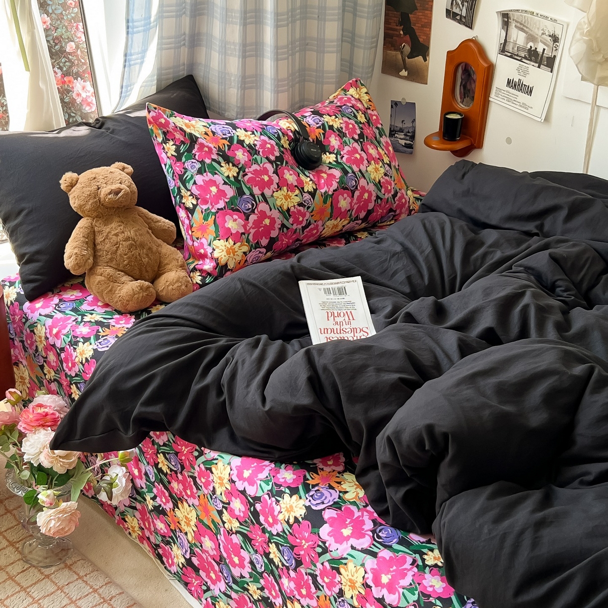 91家纺网 家纺一手货源 找家纺 花伞家居 2025新款小众高级感纯色花卉拼色加厚水洗棉四件套【提供买家秀】 椿屿-黑