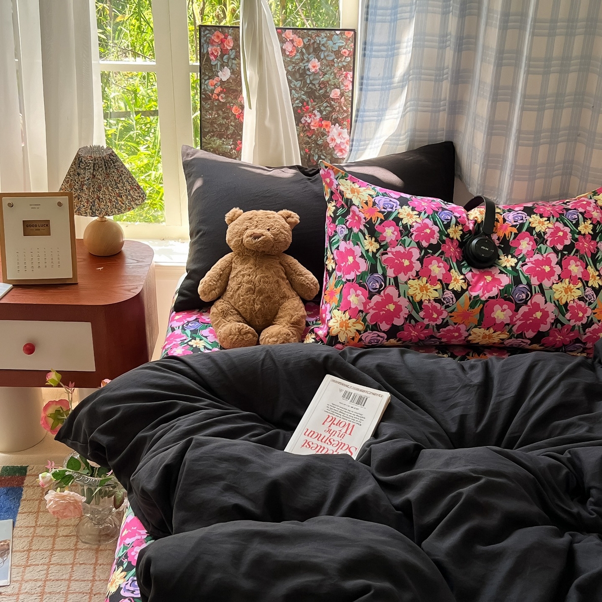 花伞家居 2025新款小众高级感纯色花卉拼色加厚水洗棉四件套【提供买家秀】 椿屿-黑