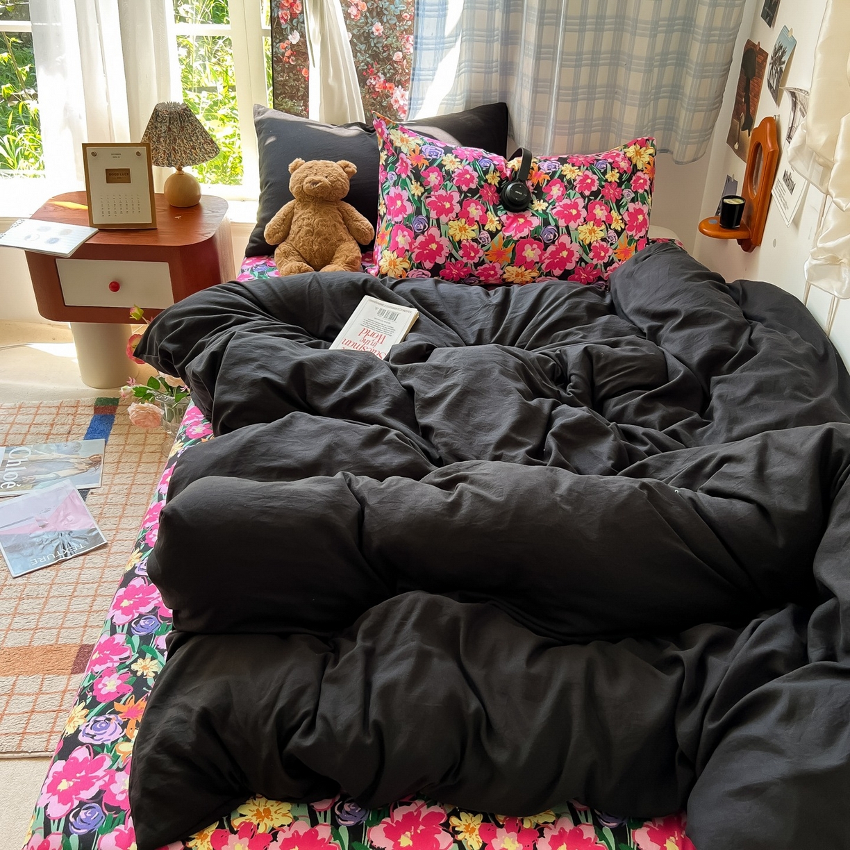 91家纺网 家纺一手货源 找家纺 花伞家居 2025新款小众高级感纯色花卉拼色加厚水洗棉四件套【提供买家秀】 椿屿-黑