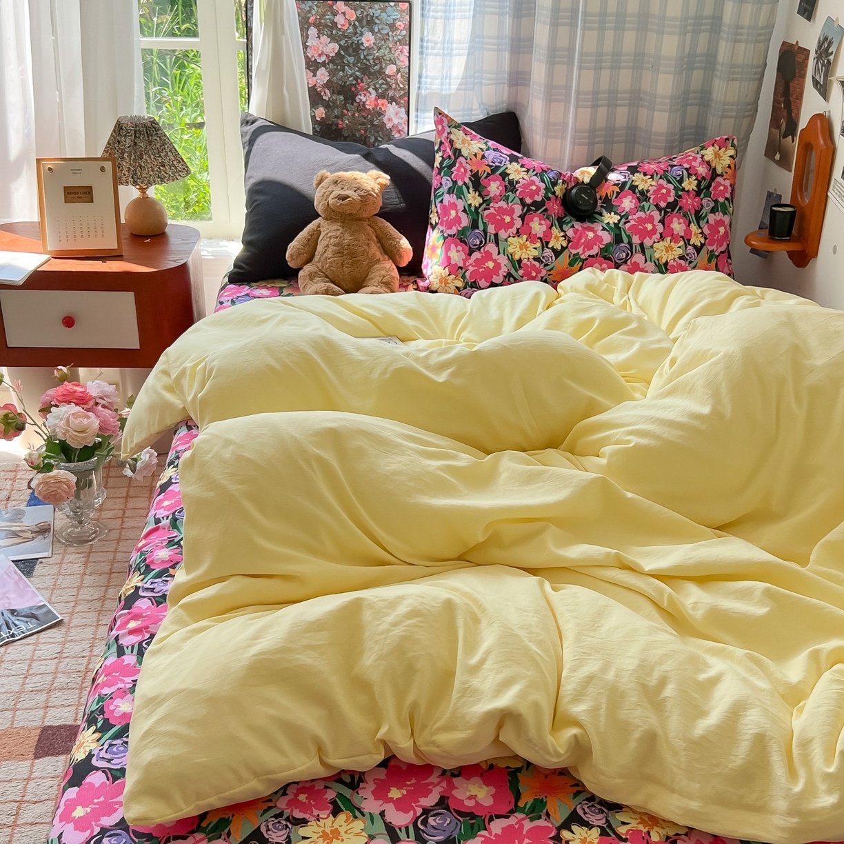 91家纺网 家纺一手货源 找家纺 花伞家居 2025新款小众高级感纯色花卉拼色加厚水洗棉四件套【提供买家秀】 椿屿-奶黄