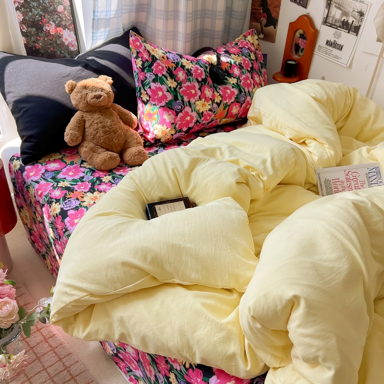 91家纺网 家纺一手货源 找家纺 花伞家居 2025新款小众高级感纯色花卉拼色加厚水洗棉四件套【提供买家秀】 椿屿-奶黄