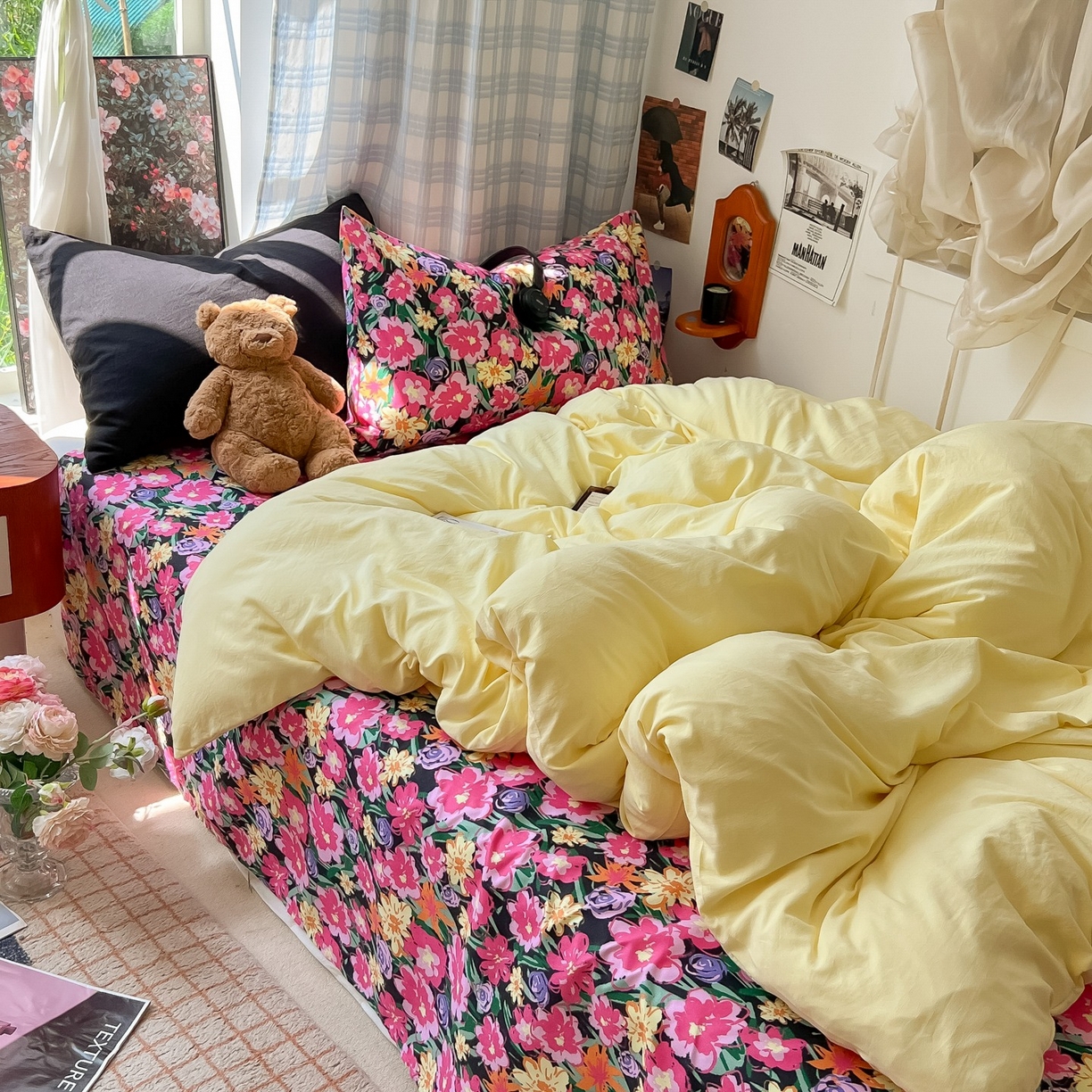 91家纺网 家纺一手货源 找家纺 花伞家居 2025新款小众高级感纯色花卉拼色加厚水洗棉四件套【提供买家秀】 椿屿-奶黄