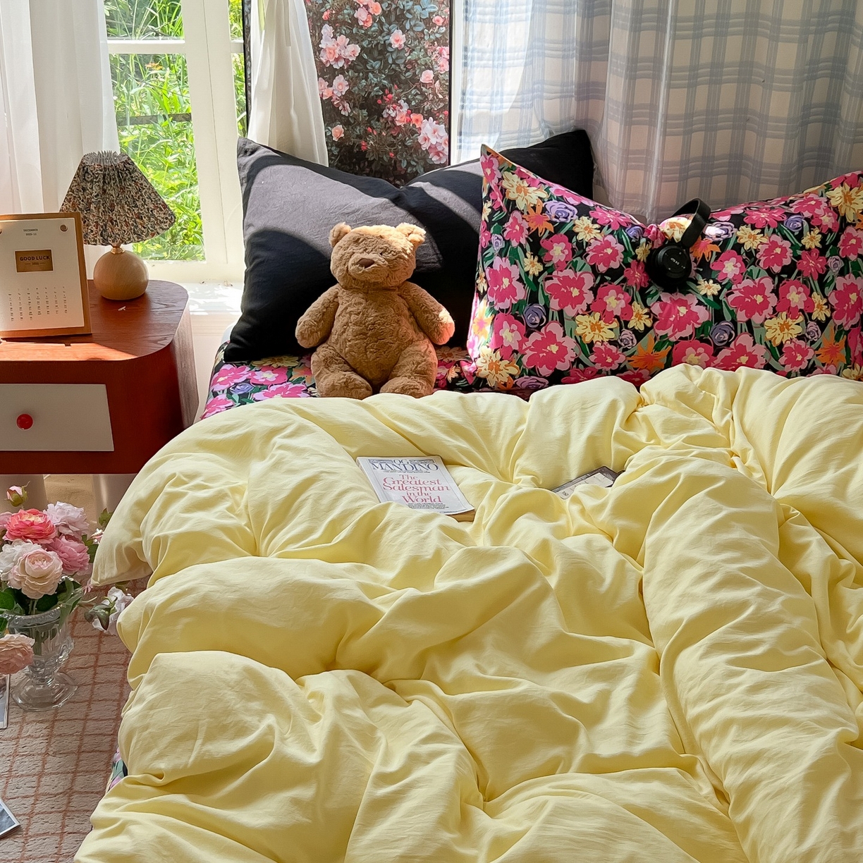 花伞家居 2025新款小众高级感纯色花卉拼色加厚水洗棉四件套【提供买家秀】 椿屿-奶黄