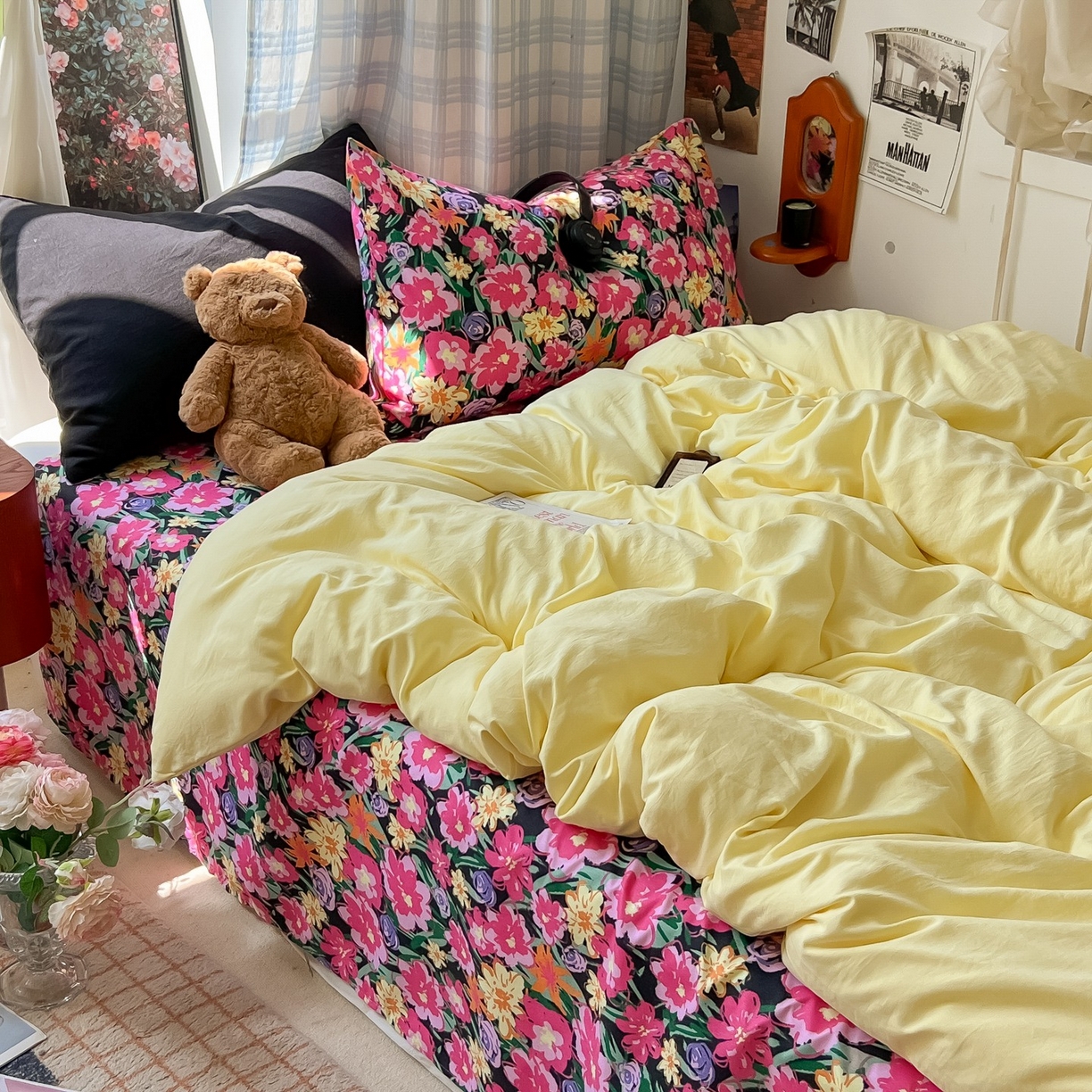 91家纺网 家纺一手货源 找家纺 花伞家居 2025新款小众高级感纯色花卉拼色加厚水洗棉四件套【提供买家秀】 椿屿-奶黄
