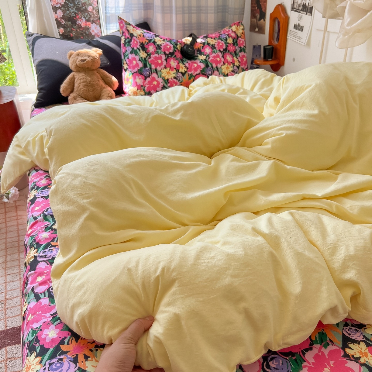 91家纺网 家纺一手货源 找家纺 花伞家居 2025新款小众高级感纯色花卉拼色加厚水洗棉四件套【提供买家秀】 椿屿-奶黄