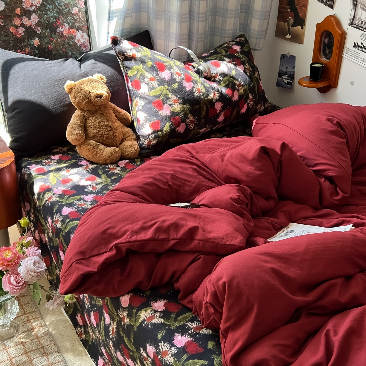 91家纺网 家纺一手货源 找家纺 （总）花伞家居 2025新款小众高级感纯色花卉拼色加厚水洗棉四件套【提供买家秀】