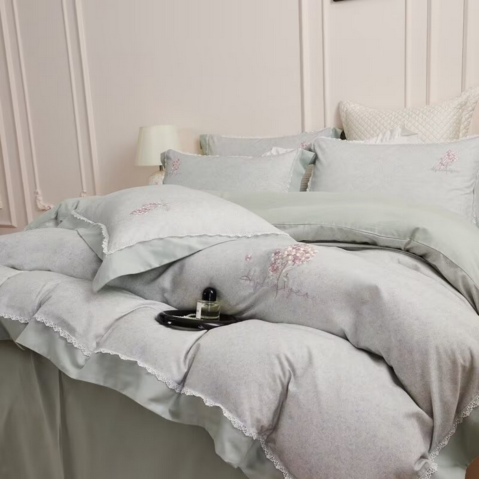 91家纺网 家纺一手货源 找家纺 玖玖爱家纺 2025新款160支花边长绒棉纯棉四件套-卡曼 卡曼-草绿