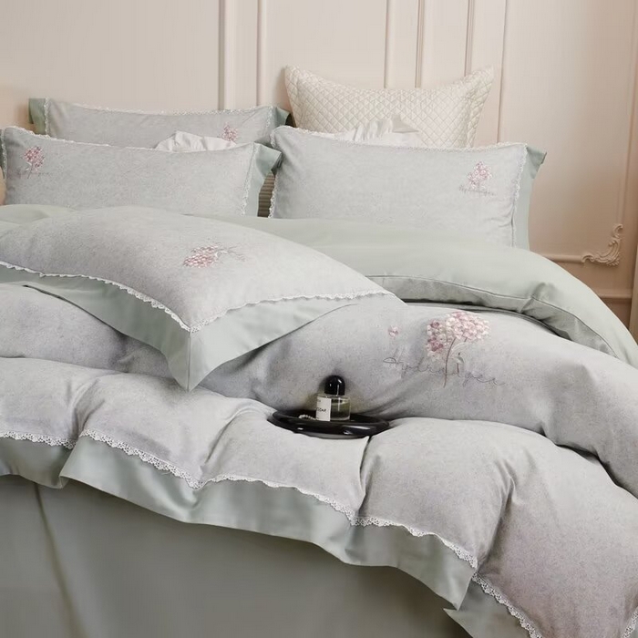 91家纺网 家纺一手货源 找家纺 玖玖爱家纺 2025新款160支花边长绒棉纯棉四件套-卡曼 卡曼-草绿