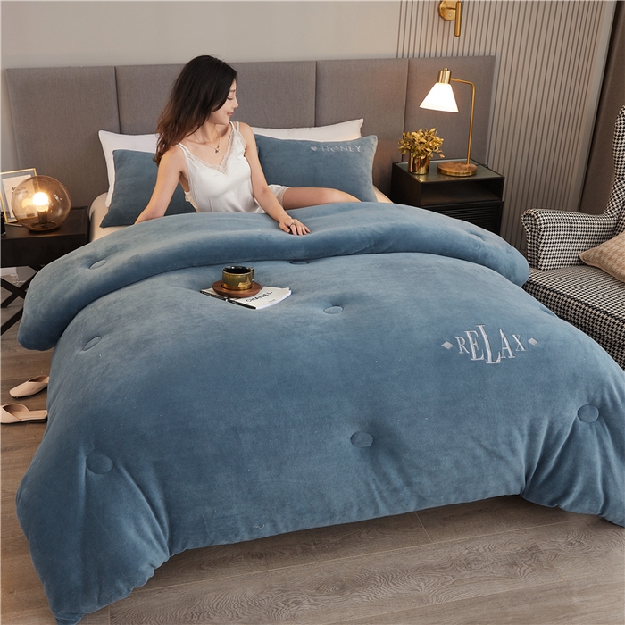 91家纺网 家纺一手货源 找家纺 美梦里 2025新款A类大豆纤维双面刺绣牛奶绒冬被芯春秋被子 星辰蓝