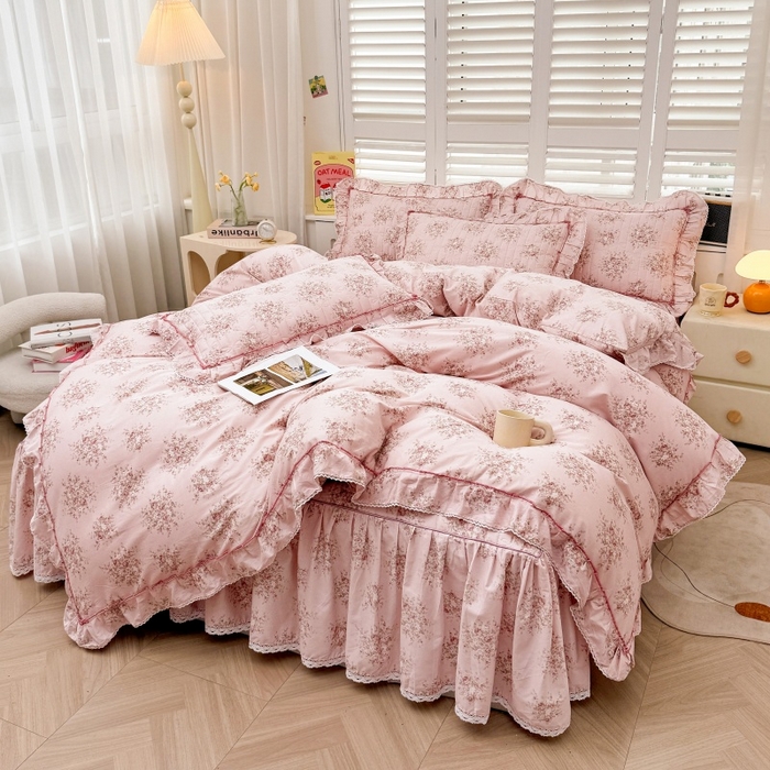91家纺网 家纺一手货源 找家纺 （总）缦彩 2025新款韩版全棉公主风夹棉床裙四件套纯棉花边加厚床罩套件
