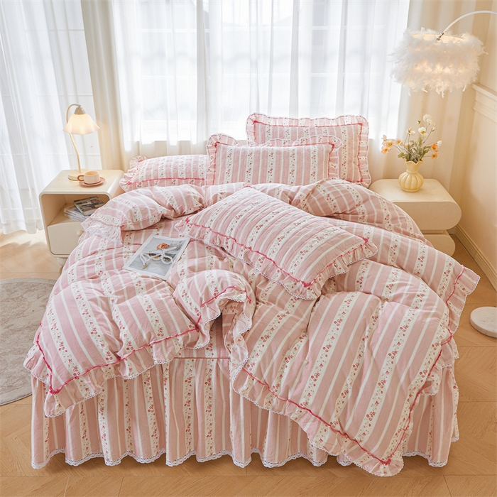 91家纺网 家纺一手货源 找家纺 （总）缦彩 2025新款韩版全棉公主风夹棉床裙四件套纯棉花边加厚床罩套件