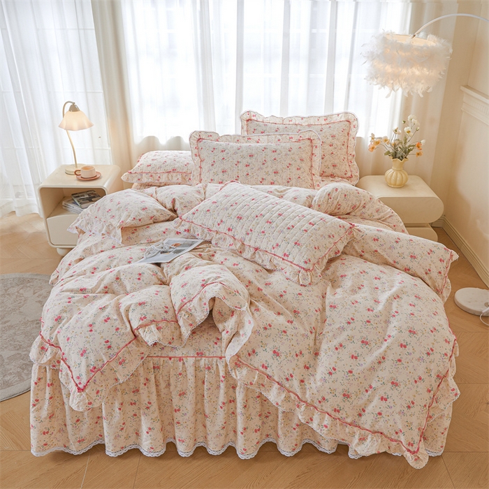 91家纺网 家纺一手货源 找家纺 （总）缦彩 2025新款韩版全棉公主风夹棉床裙四件套纯棉花边加厚床罩套件