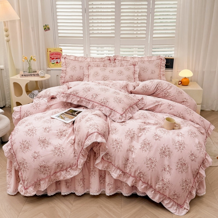缦彩 2025新款韩版全棉公主风夹棉床裙四件套纯棉花边加厚床罩套件 清韵-粉